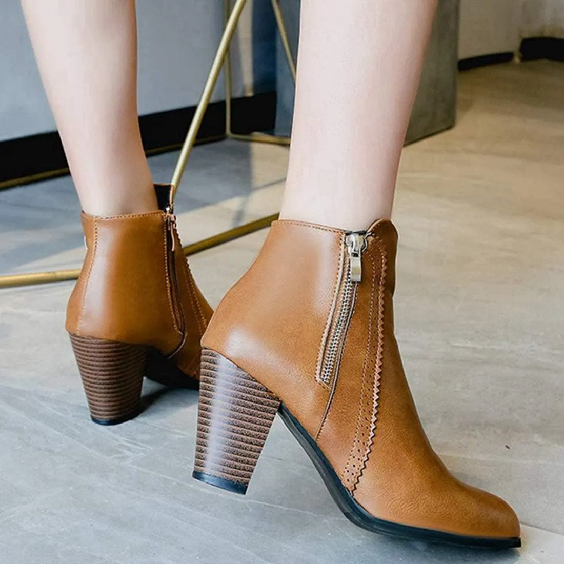 VOKLIN Women's Pointed Toe Chunky High Heel Ankle Boots Fashion Zipper Chelsea Booties Dressy Short Boot