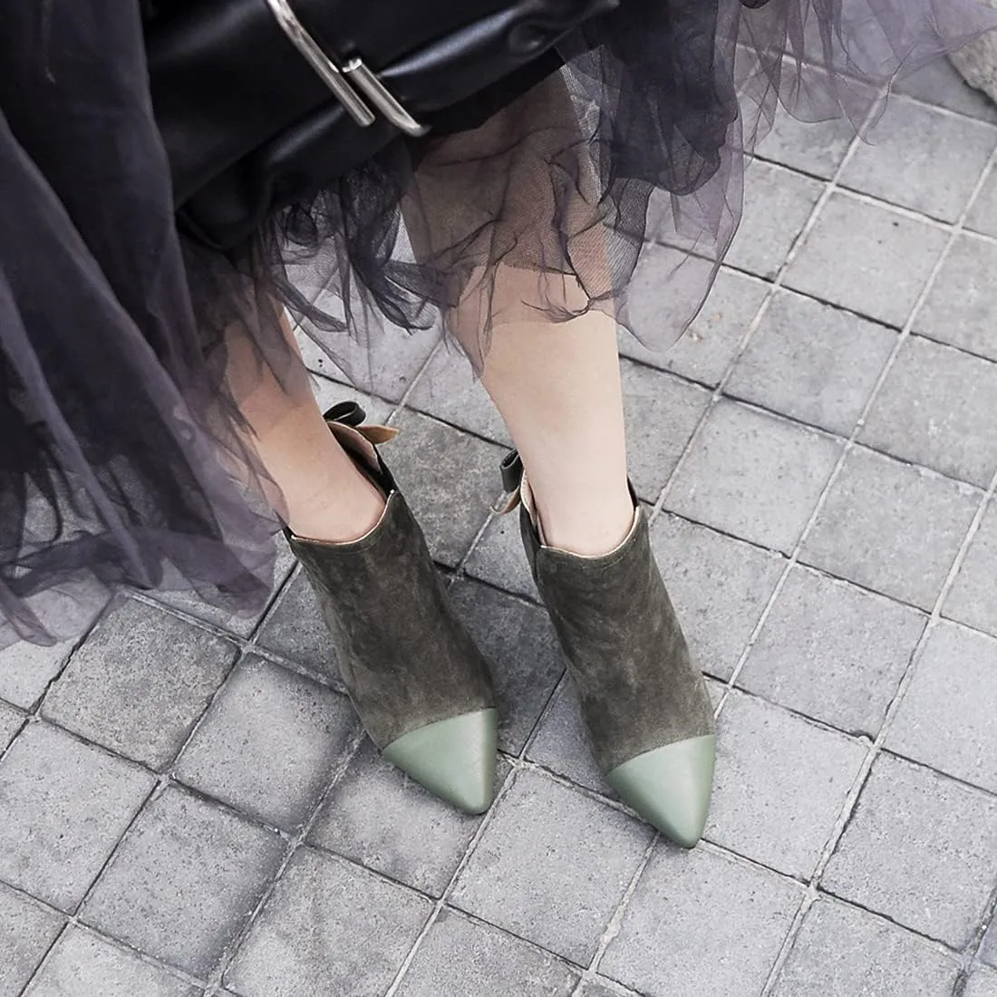 VOKLIN Women's Pointed Toe Dress Ankle Booties Fashion Bowtie Elastic Stiletto High Heel Elegant Short Boots