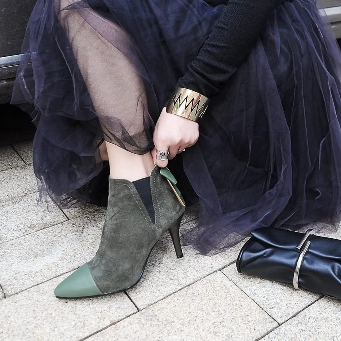 VOKLIN Women's Pointed Toe Dress Ankle Booties Fashion Bowtie Elastic Stiletto High Heel Elegant Short Boots