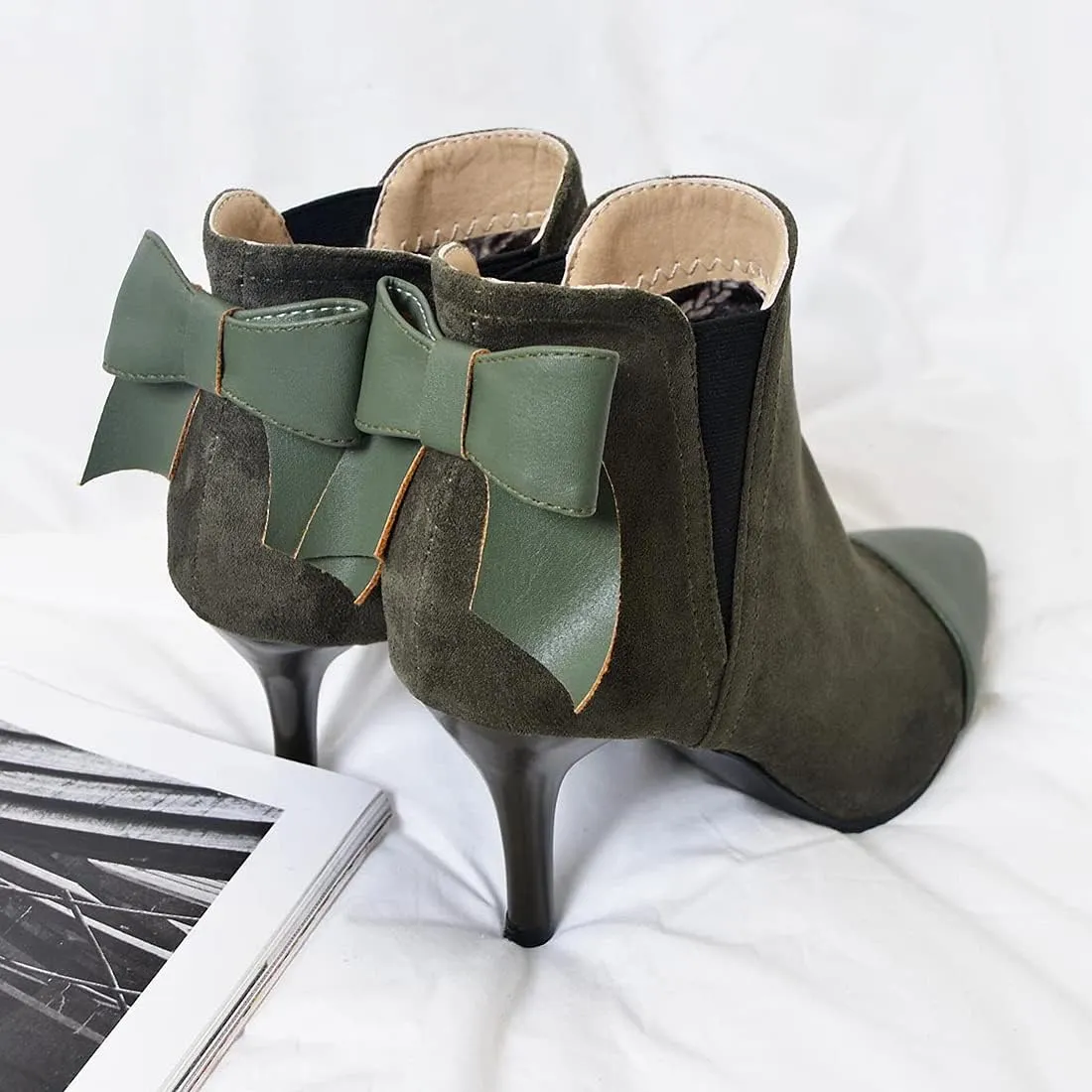 VOKLIN Women's Pointed Toe Dress Ankle Booties Fashion Bowtie Elastic Stiletto High Heel Elegant Short Boots