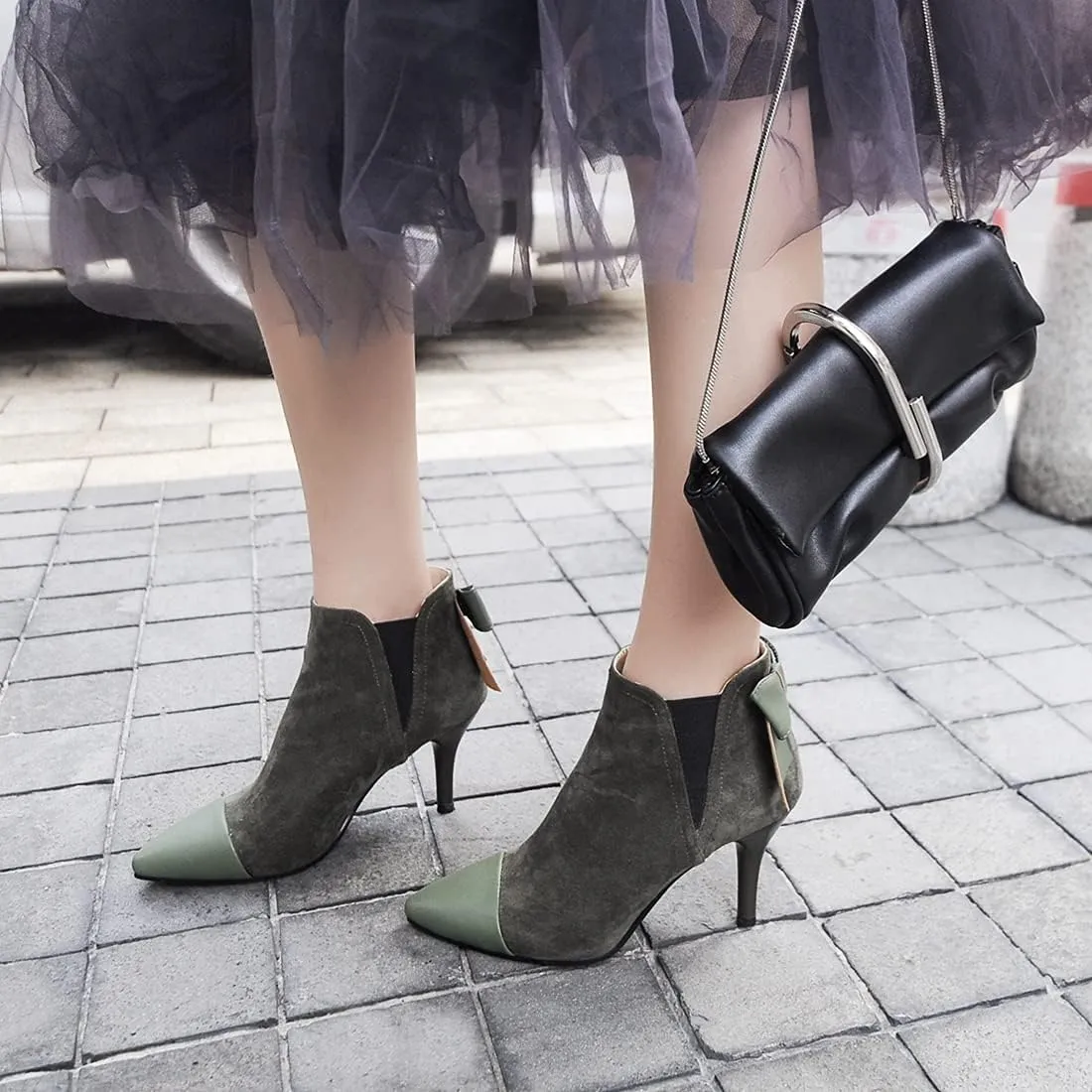 VOKLIN Women's Pointed Toe Dress Ankle Booties Fashion Bowtie Elastic Stiletto High Heel Elegant Short Boots