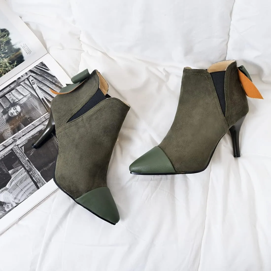 VOKLIN Women's Pointed Toe Dress Ankle Booties Fashion Bowtie Elastic Stiletto High Heel Elegant Short Boots