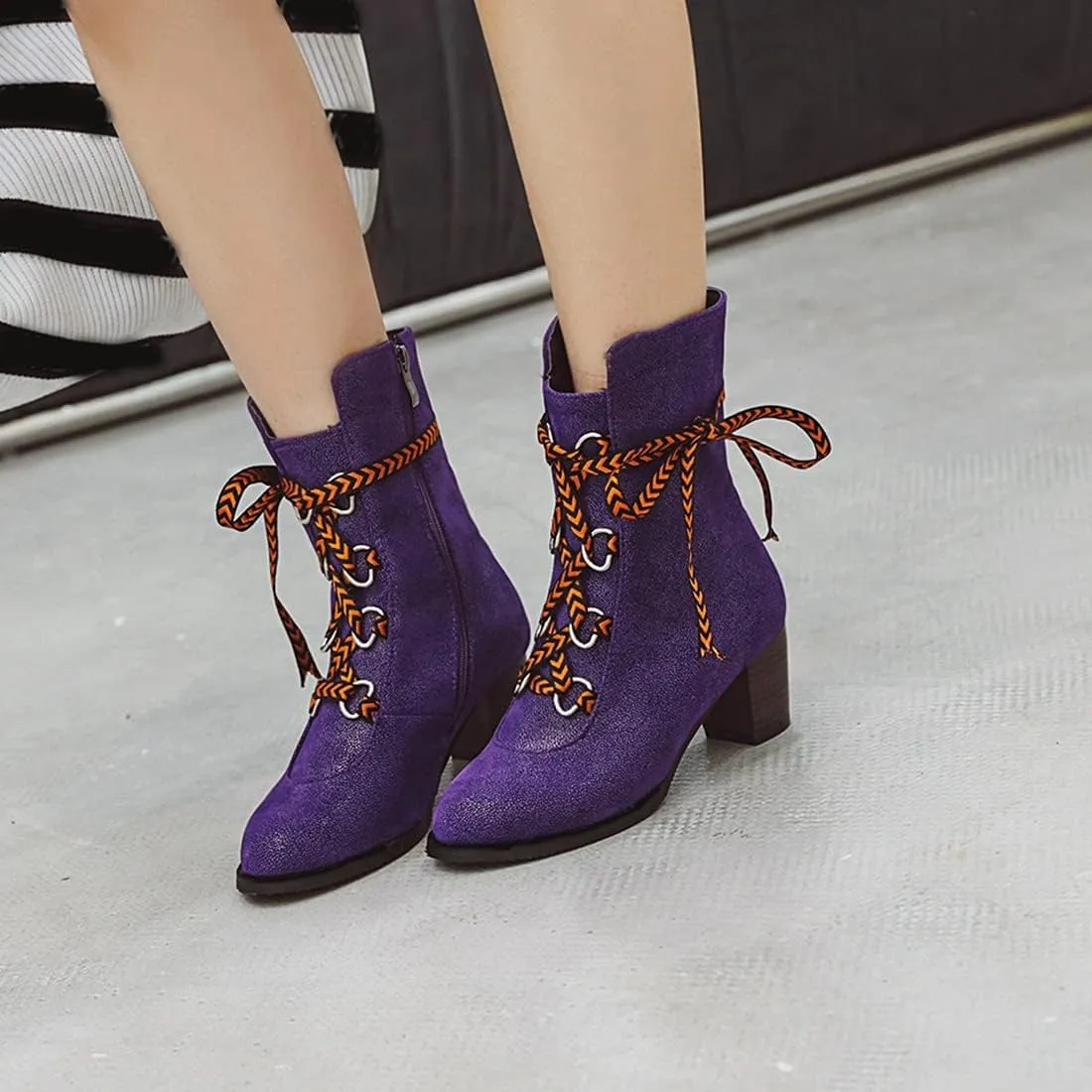 VOKLIN Women's Round Toe Denim Dressy Ankle Boots Lace Up Zipper Chunky Block Mid Heel Western Short Booties