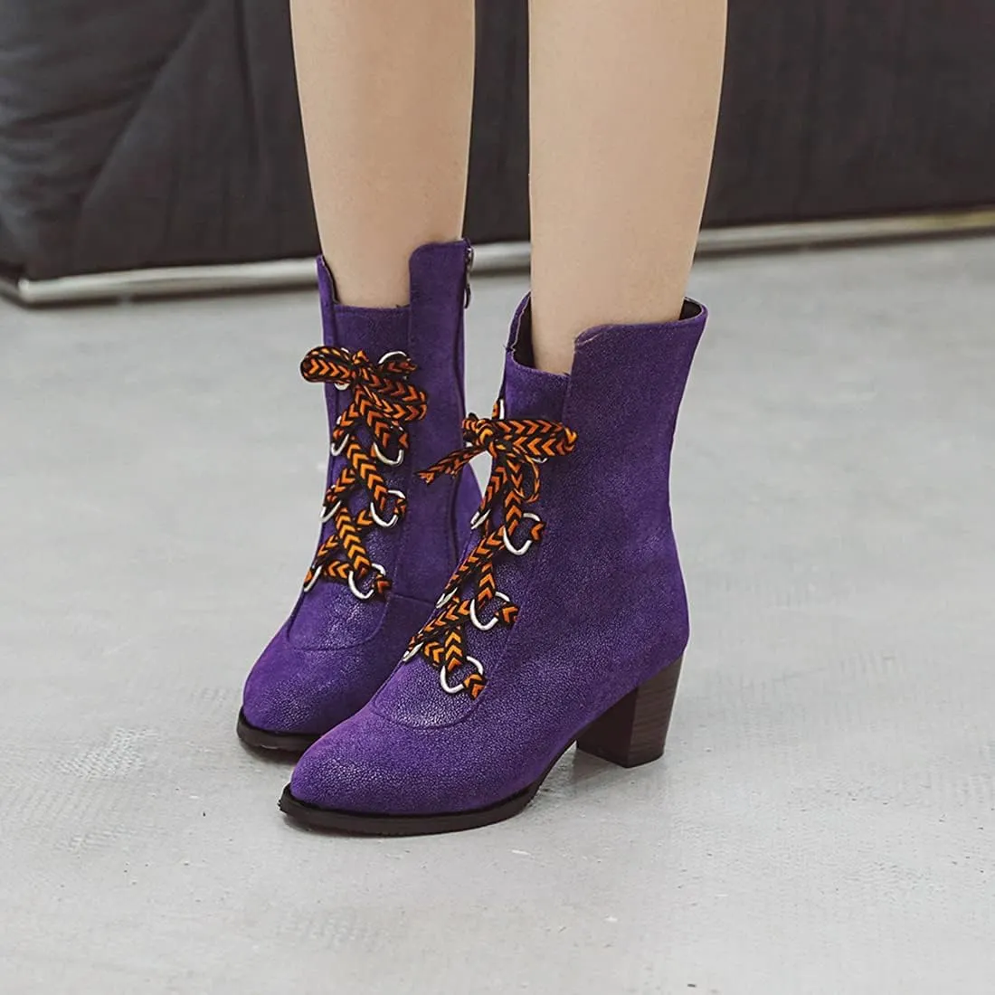 VOKLIN Women's Round Toe Denim Dressy Ankle Boots Lace Up Zipper Chunky Block Mid Heel Western Short Booties