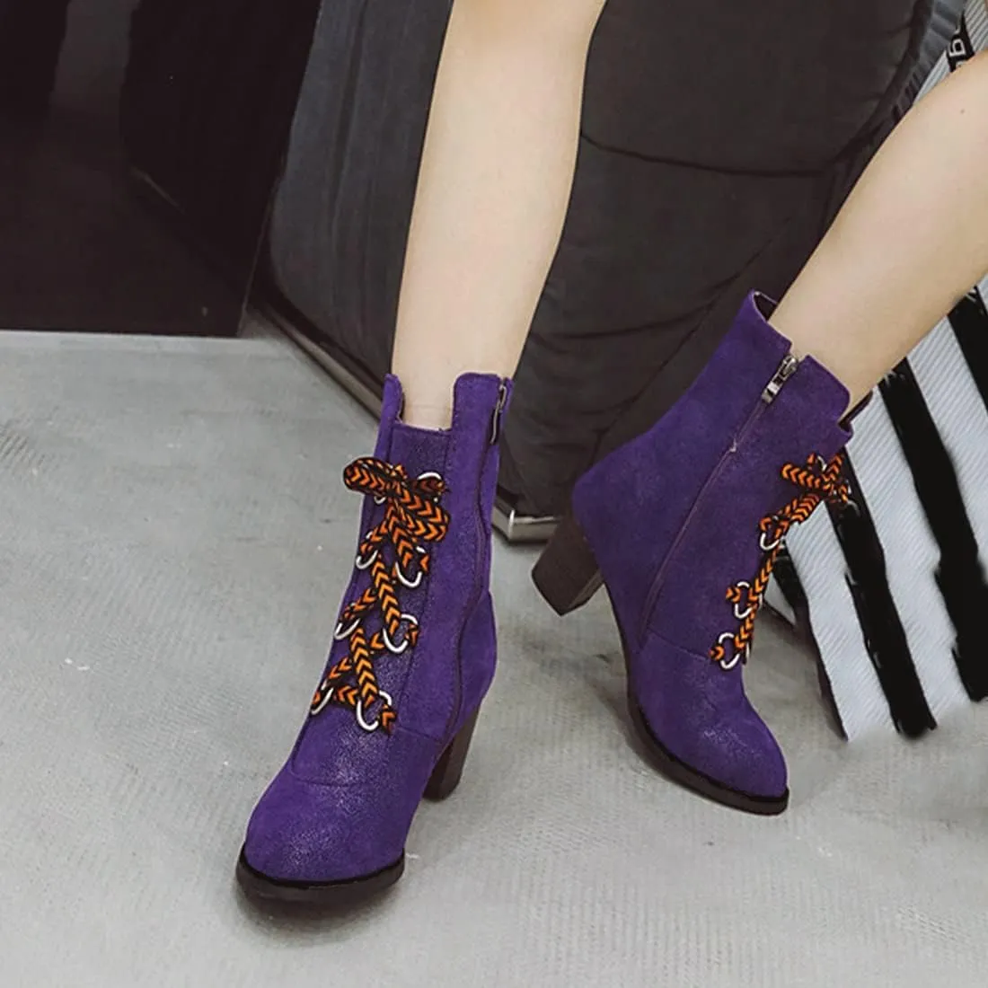 VOKLIN Women's Round Toe Denim Dressy Ankle Boots Lace Up Zipper Chunky Block Mid Heel Western Short Booties