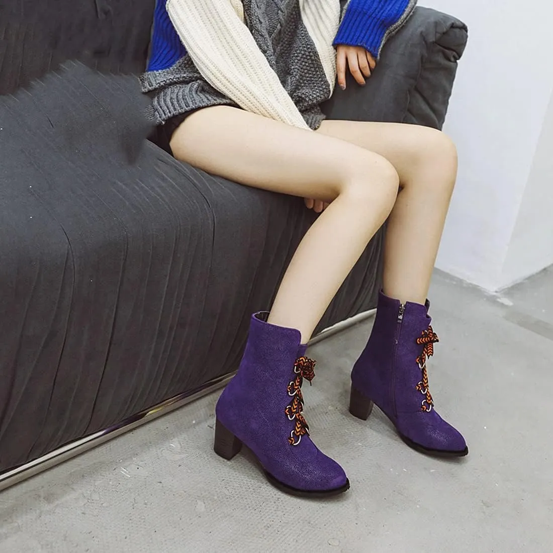 VOKLIN Women's Round Toe Denim Dressy Ankle Boots Lace Up Zipper Chunky Block Mid Heel Western Short Booties