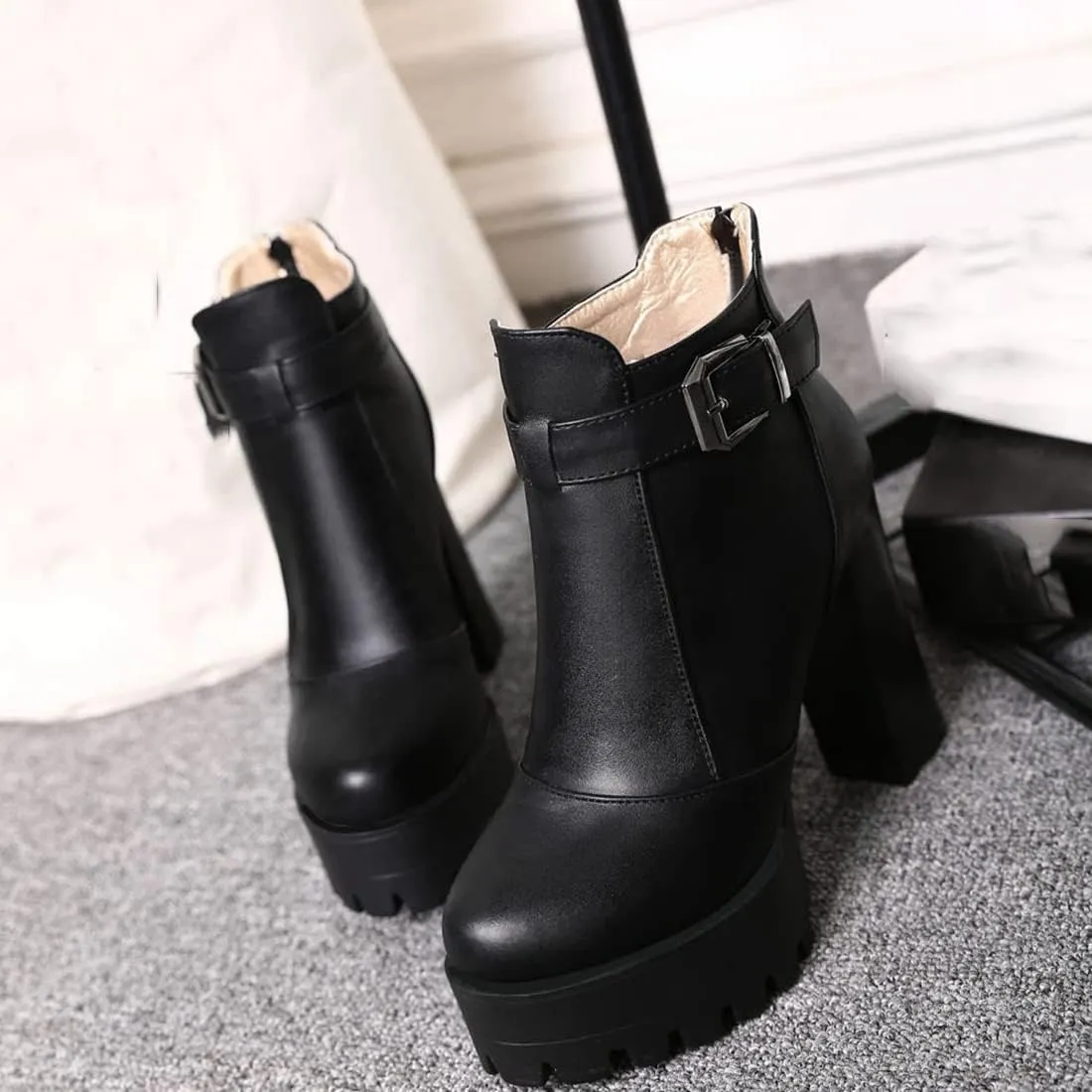 VOKLIN Women's Round Toe Platform Dressy Ankle Boots Buckle Zipper Chunky Block High Heel Dress Short Booties