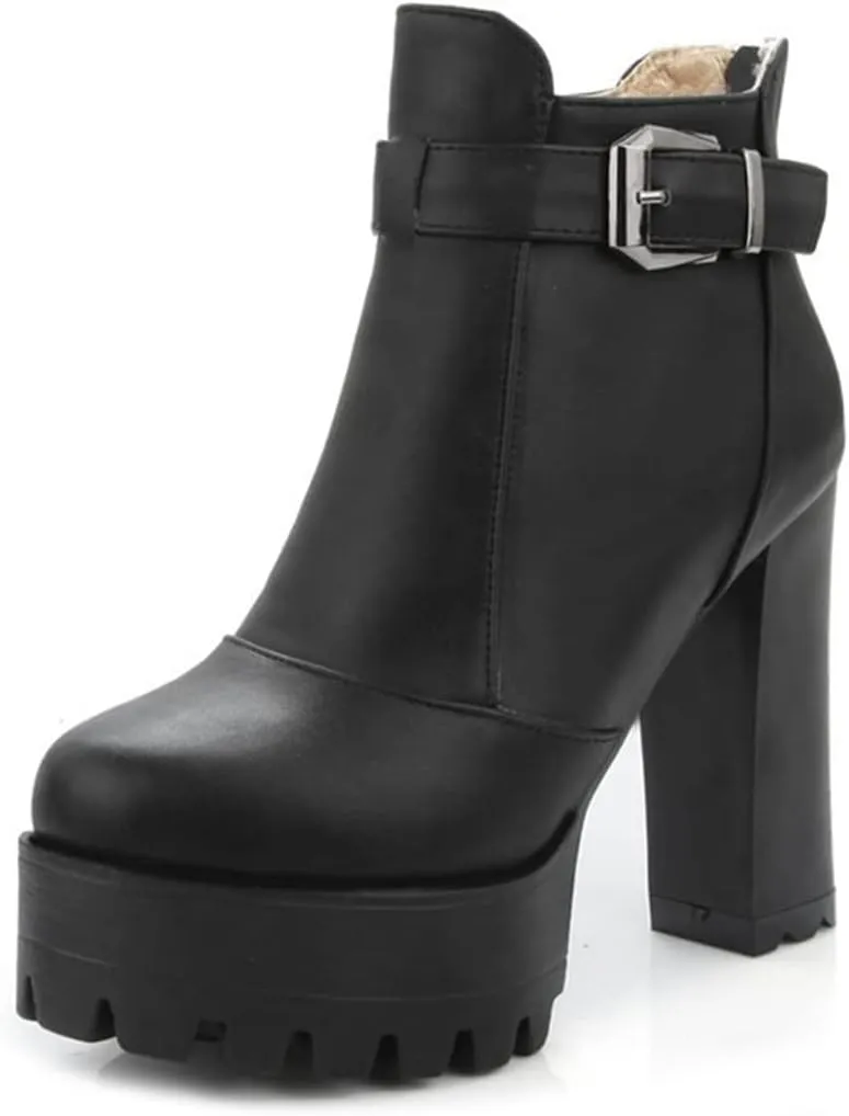 VOKLIN Women's Round Toe Platform Dressy Ankle Boots Buckle Zipper Chunky Block High Heel Dress Short Booties