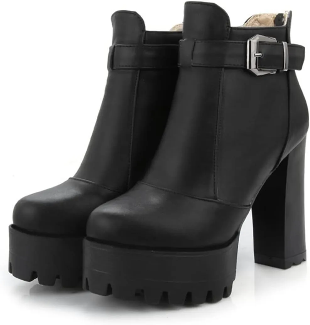 VOKLIN Women's Round Toe Platform Dressy Ankle Boots Buckle Zipper Chunky Block High Heel Dress Short Booties