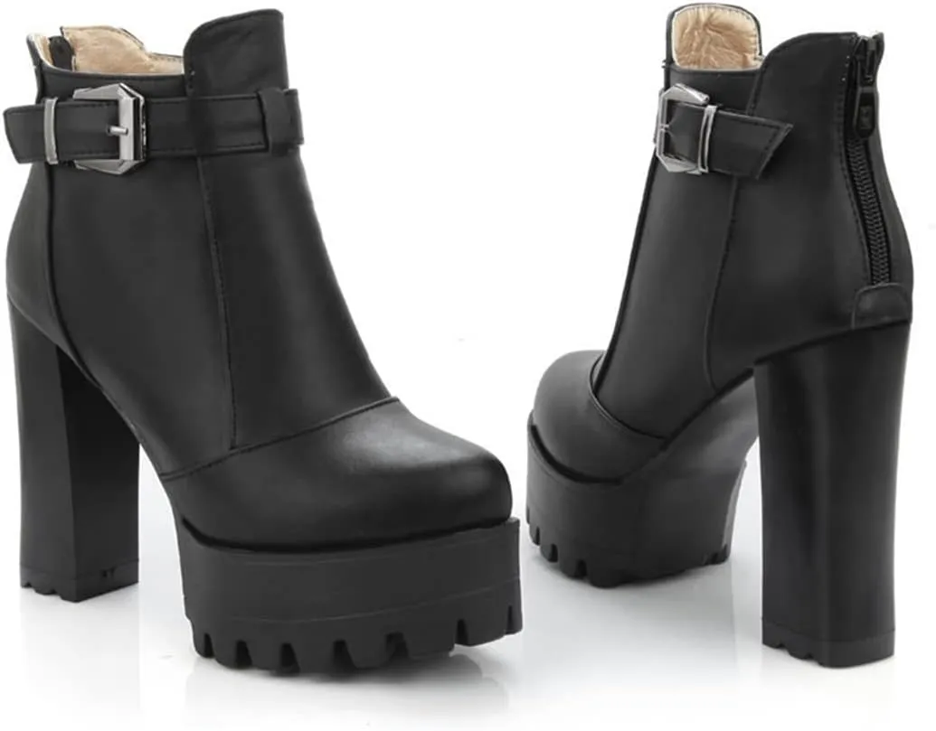 VOKLIN Women's Round Toe Platform Dressy Ankle Boots Buckle Zipper Chunky Block High Heel Dress Short Booties