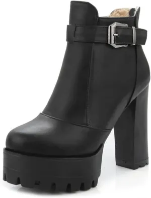 VOKLIN Women's Round Toe Platform Dressy Ankle Boots Buckle Zipper Chunky Block High Heel Dress Short Booties