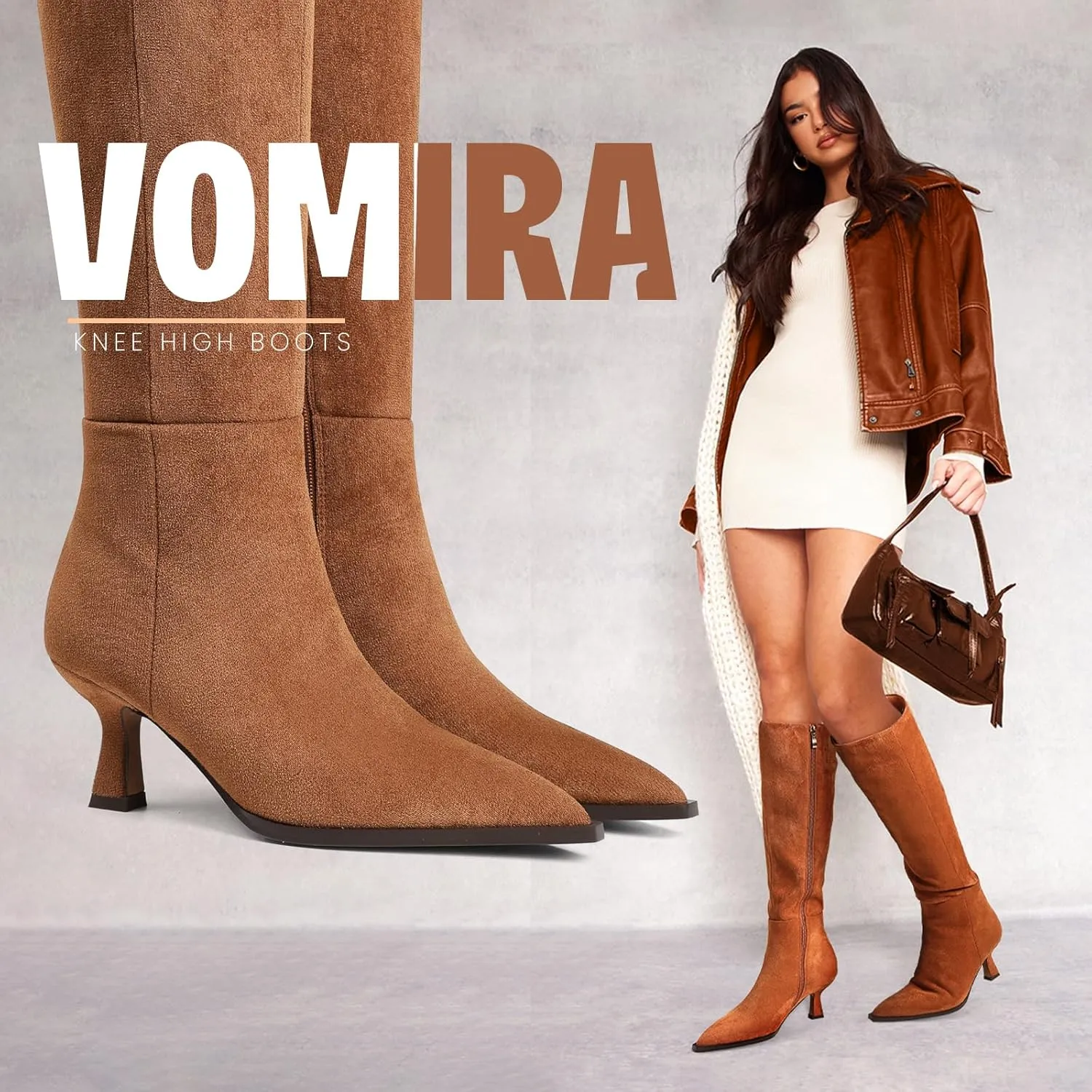 VOMIRA Knee High Boots for Women Black Boots Pointy Toe Kitten Heels Wide Calf Boots 3 In High Heels Long Boots Stiletto Boots Dress Tall Boots