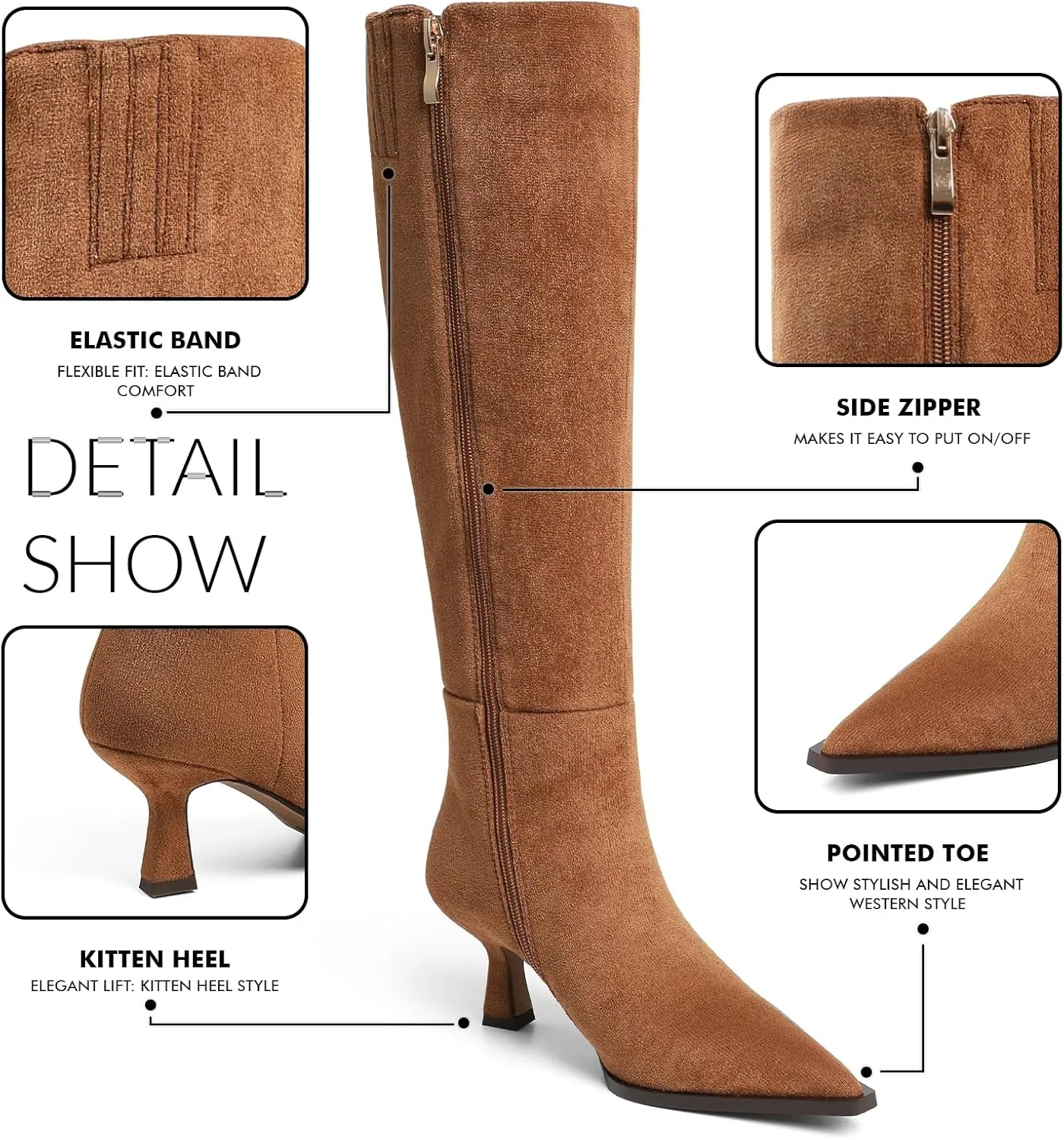 VOMIRA Knee High Boots for Women Black Boots Pointy Toe Kitten Heels Wide Calf Boots 3 In High Heels Long Boots Stiletto Boots Dress Tall Boots