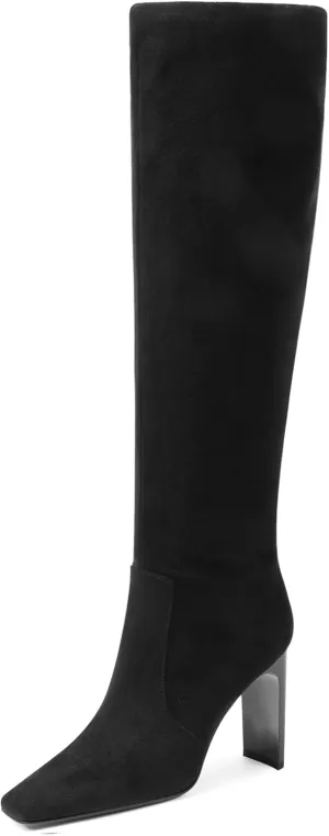 VOMIRA Knee High Boots Women Chunky Heel Square Toe Black Boots for Women High Heel Side Zipper Dress Long Boots Stretch Leather Tall Boots