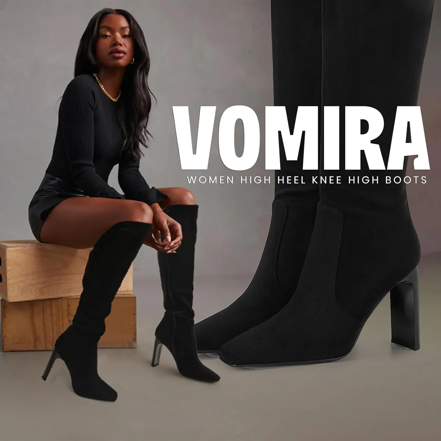 VOMIRA Knee High Boots Women Chunky Heel Square Toe Black Boots for Women High Heel Side Zipper Dress Long Boots Stretch Leather Tall Boots