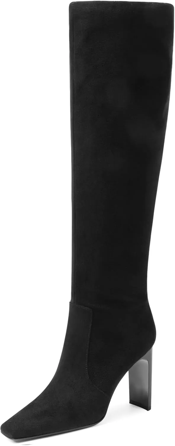 VOMIRA Knee High Boots Women Chunky Heel Square Toe Black Boots for Women High Heel Side Zipper Dress Long Boots Stretch Leather Tall Boots