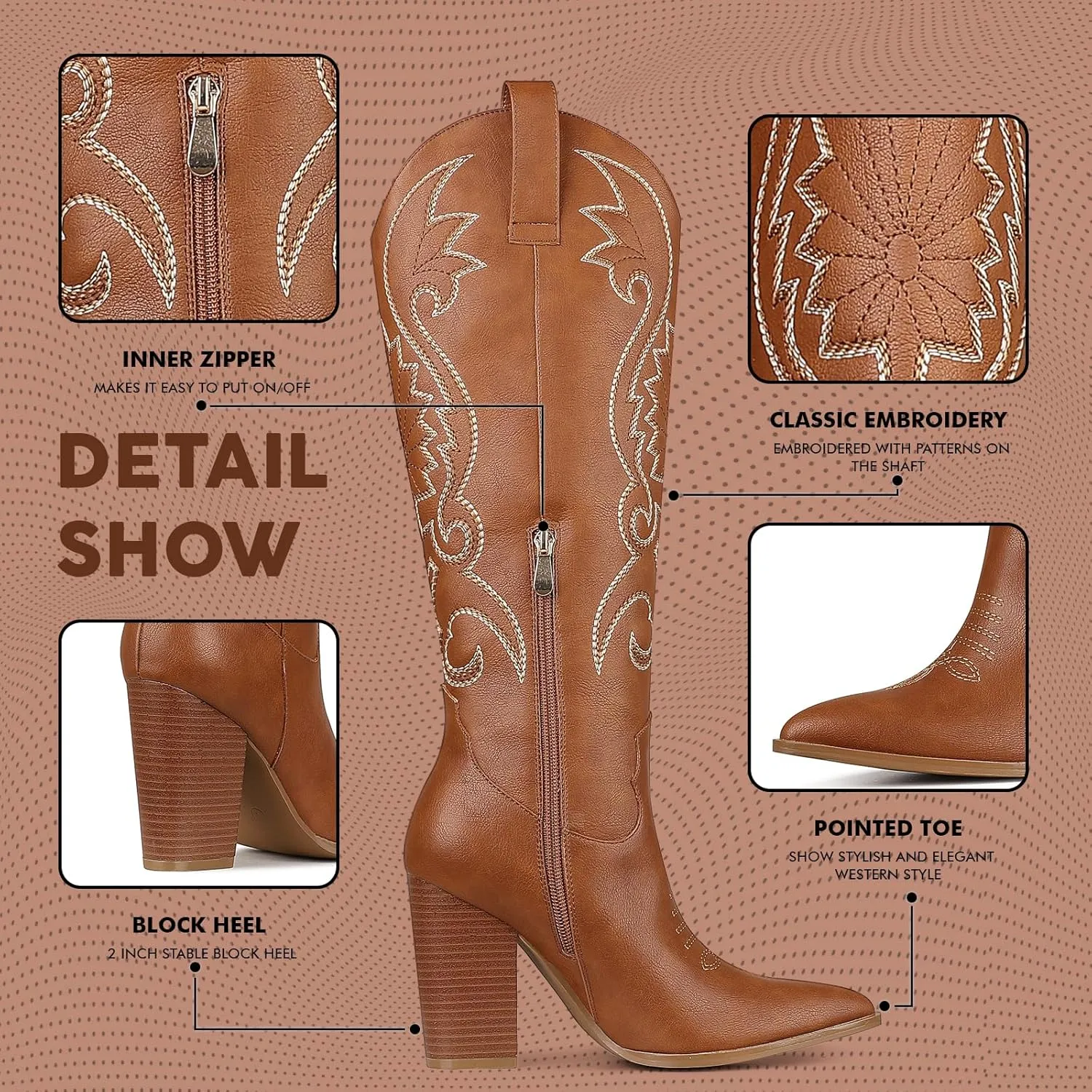 VOMIRA Knee High Cowboy Boots for Women Pointed Toe Chunky High Heels Pull-on Embroidered Boots Western Boots Wide Calf Cowgirl Boots