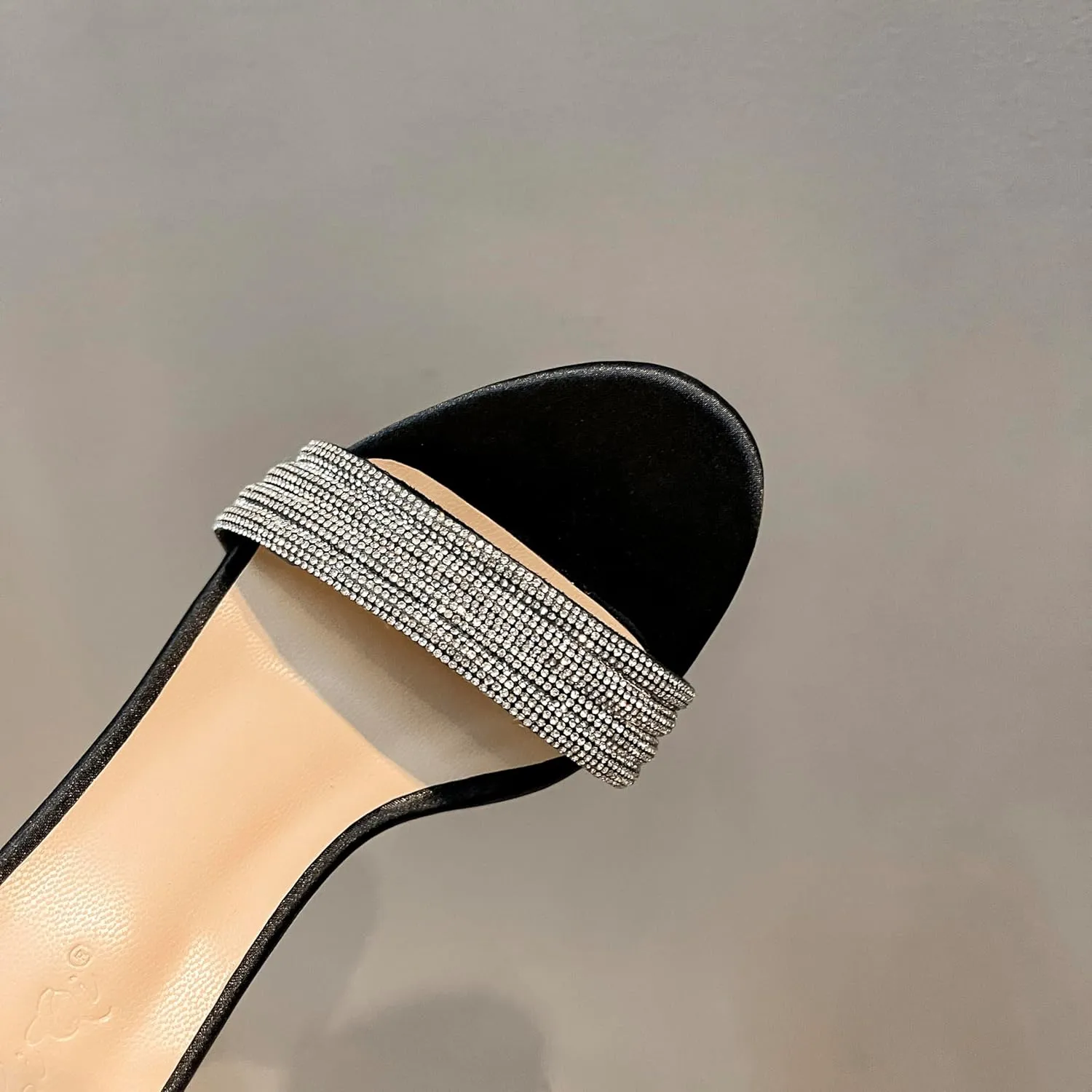 Water Diamond Slim Heel Sandals Women's Silk and Satin Versatile Open Toe Black One line Buckle High Heel Shoes Slim Heels