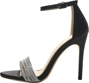 Water Diamond Slim Heel Sandals Women's Silk and Satin Versatile Open Toe Black One line Buckle High Heel Shoes Slim Heels