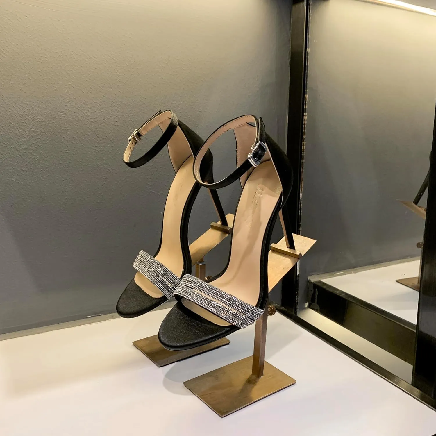 Water Diamond Slim Heel Sandals Women's Silk and Satin Versatile Open Toe Black One line Buckle High Heel Shoes Slim Heels