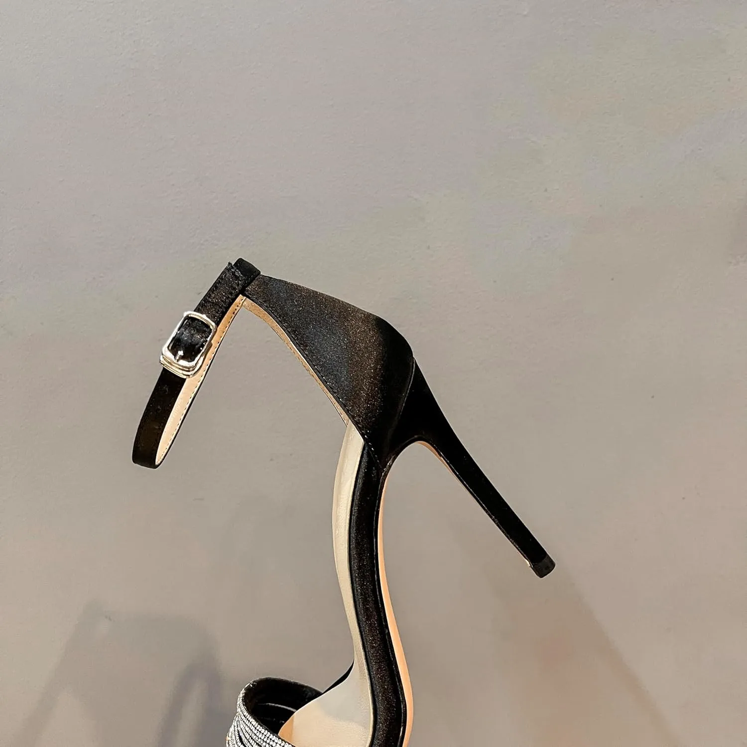 Water Diamond Slim Heel Sandals Women's Silk and Satin Versatile Open Toe Black One line Buckle High Heel Shoes Slim Heels