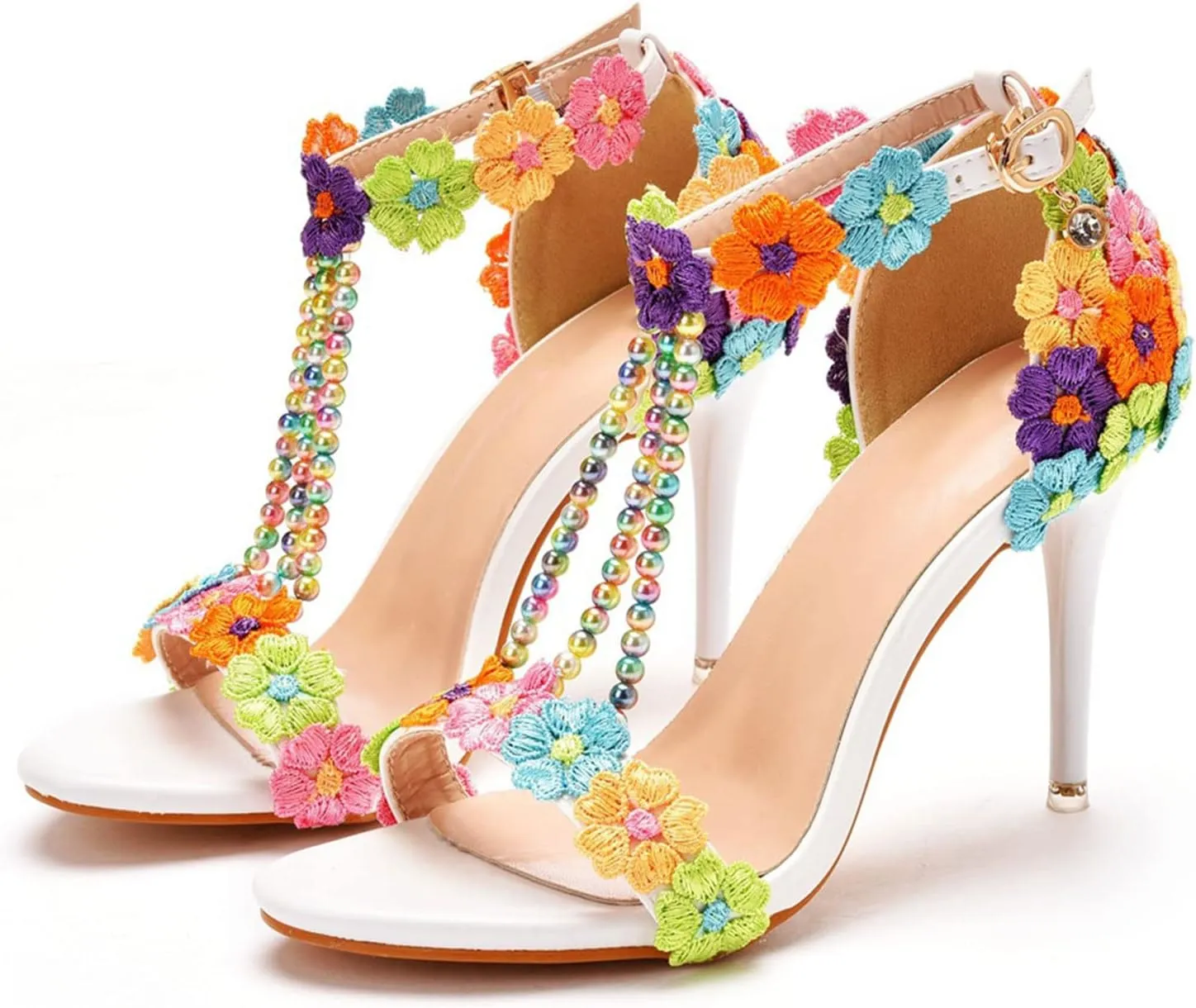 Wedding Shoes Sandals 9Cm Ladies High Heels Bridesmaid Shoes Wedding One Word Buckle Straps Lace Beaded Stiletto Fish Mouth Roman Sandals