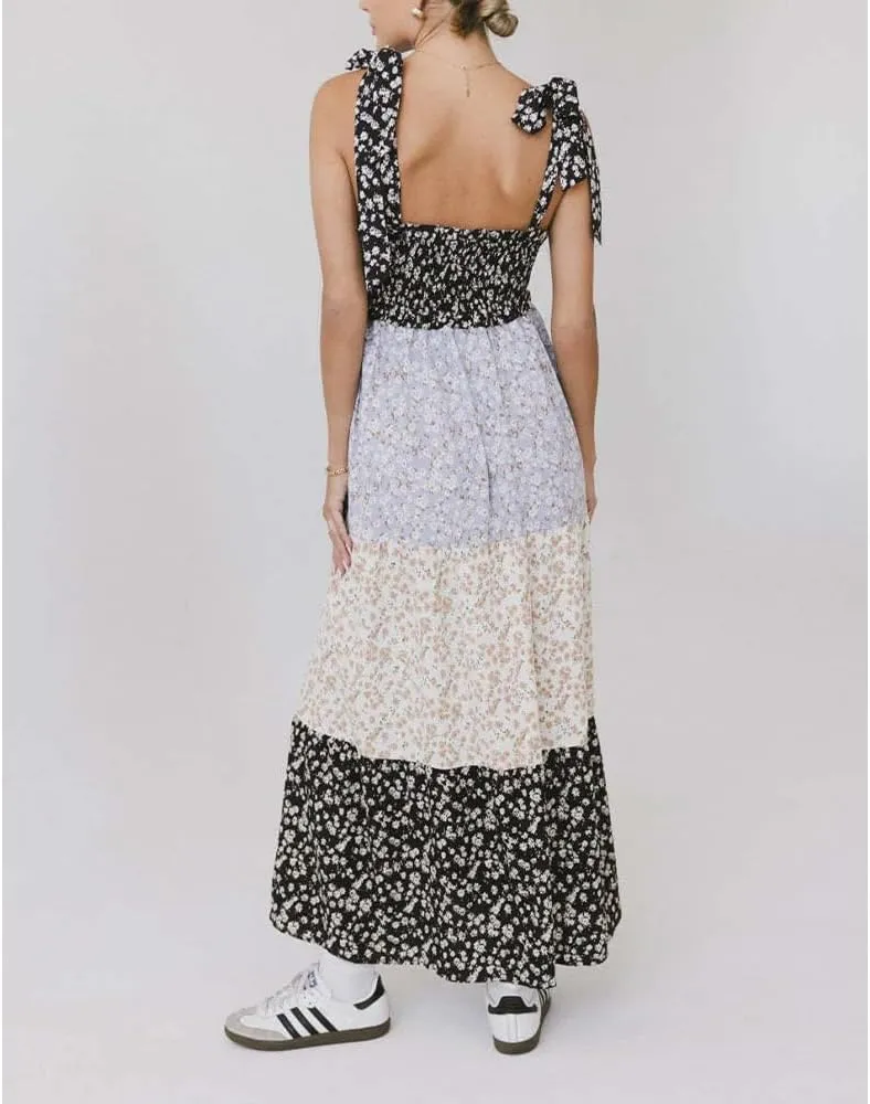 Women Floral Boho Sundress Tie Shoulder Smocked Patchwork Flowy Maxi Dresses with Pockets Summer Fall