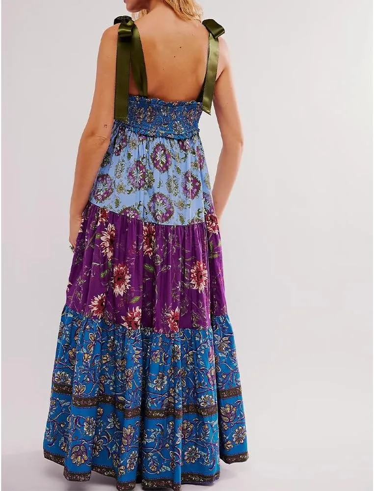 Women Floral Boho Sundress Tie Shoulder Smocked Patchwork Flowy Maxi Dresses with Pockets Summer Fall