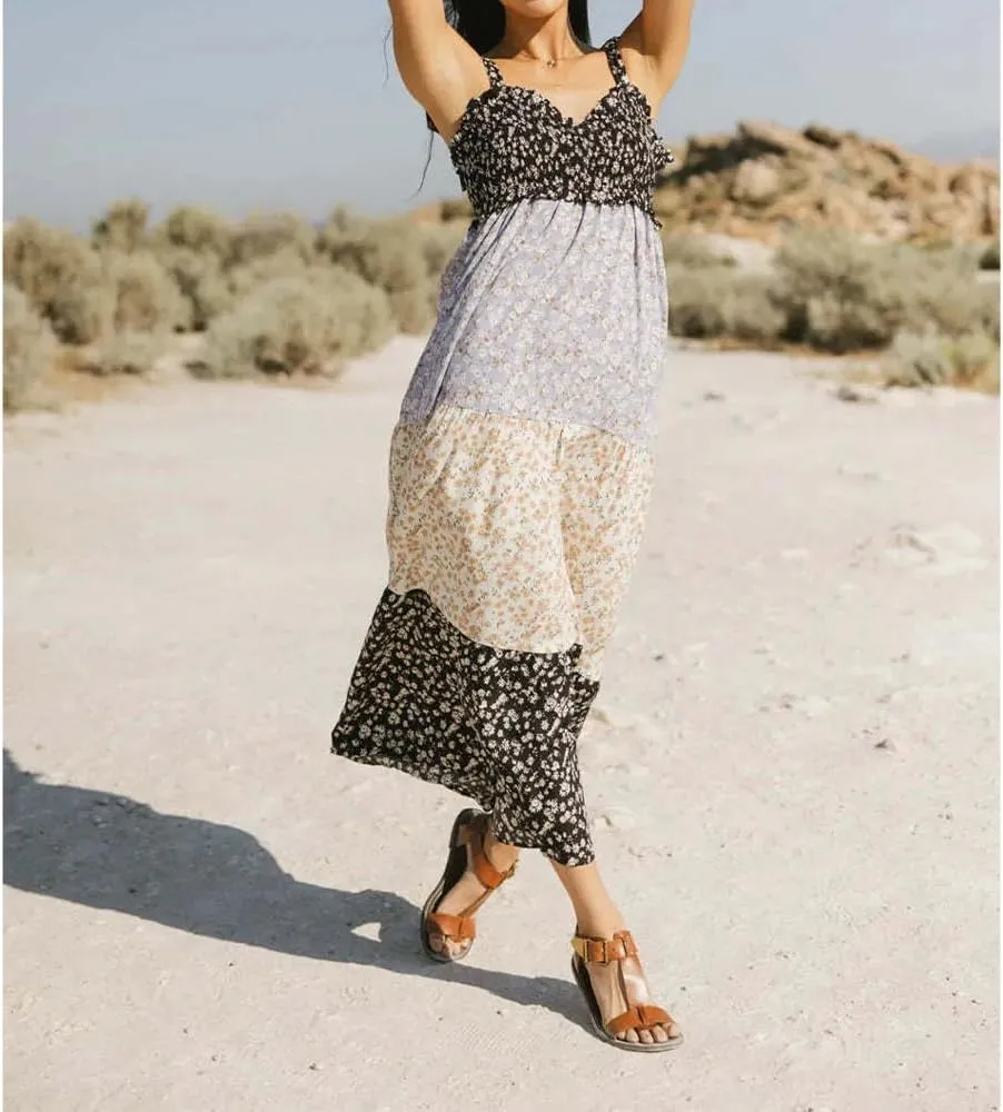 Women Floral Boho Sundress Tie Shoulder Smocked Patchwork Flowy Maxi Dresses with Pockets Summer Fall