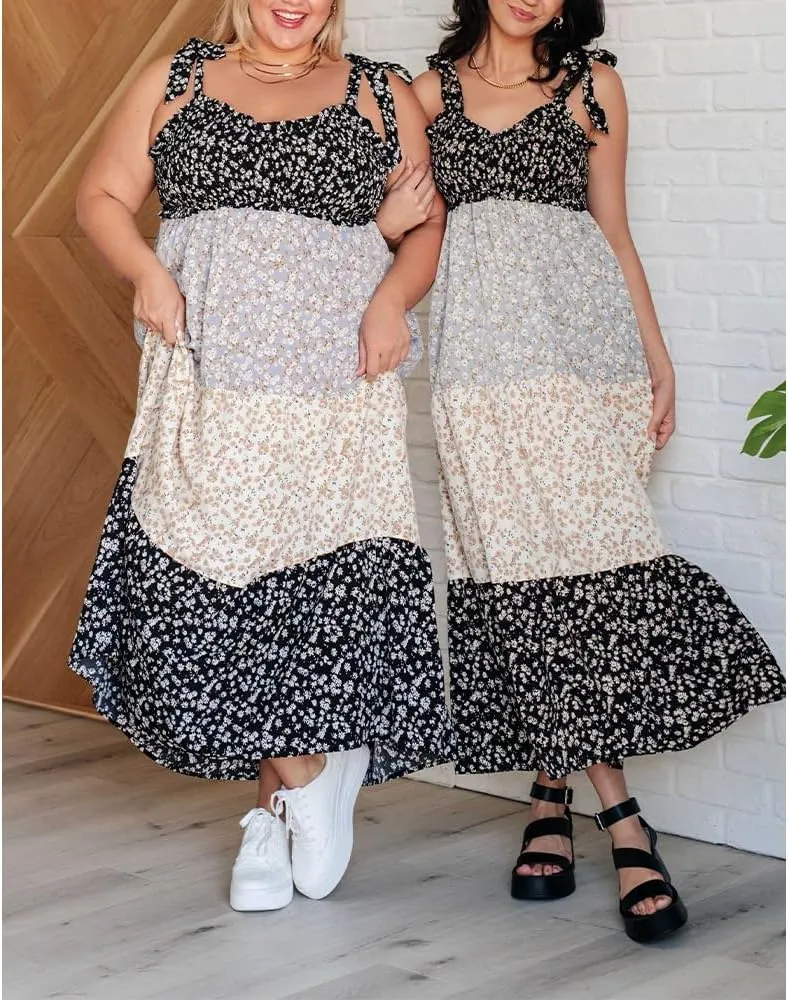 Women Floral Boho Sundress Tie Shoulder Smocked Patchwork Flowy Maxi Dresses with Pockets Summer Fall