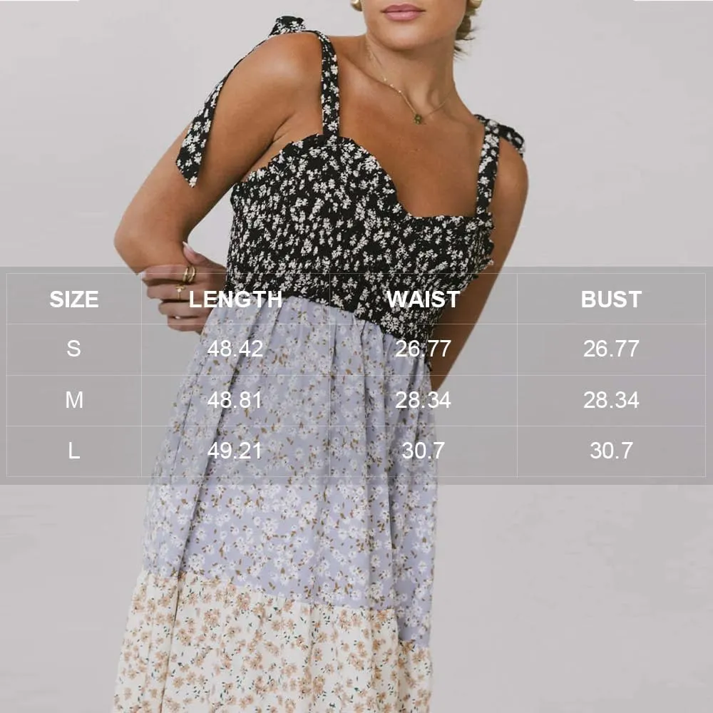 Women Floral Boho Sundress Tie Shoulder Smocked Patchwork Flowy Maxi Dresses with Pockets Summer Fall