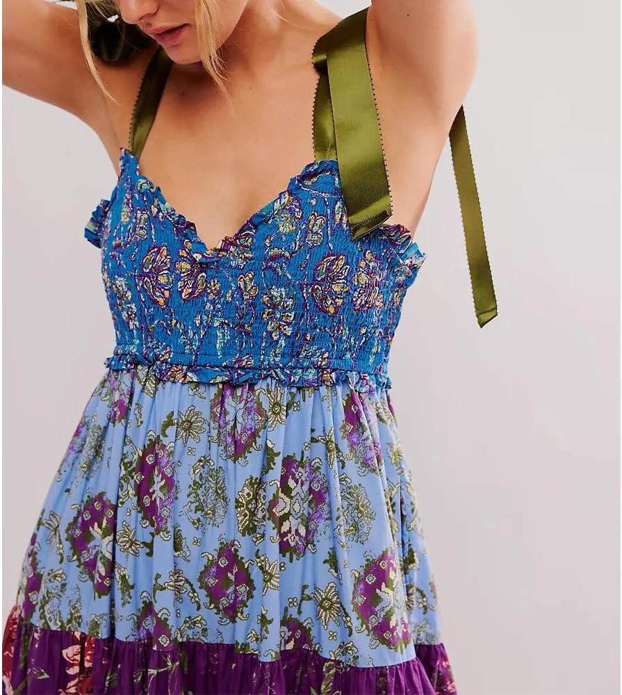 Women Floral Boho Sundress Tie Shoulder Smocked Patchwork Flowy Maxi Dresses with Pockets Summer Fall