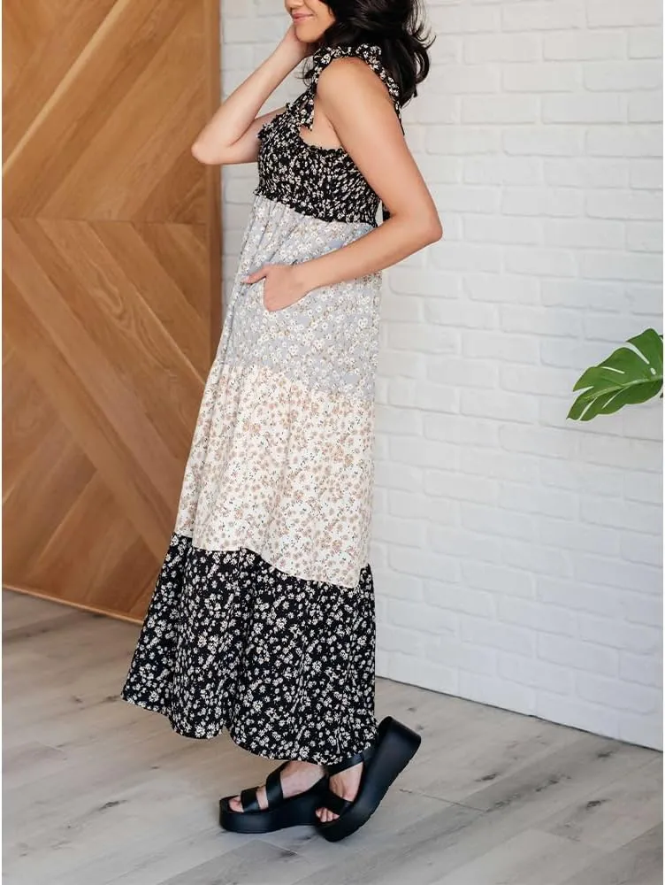 Women Floral Boho Sundress Tie Shoulder Smocked Patchwork Flowy Maxi Dresses with Pockets Summer Fall