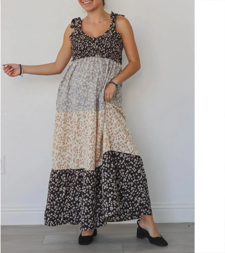 Women Floral Boho Sundress Tie Shoulder Smocked Patchwork Flowy Maxi Dresses with Pockets Summer Fall