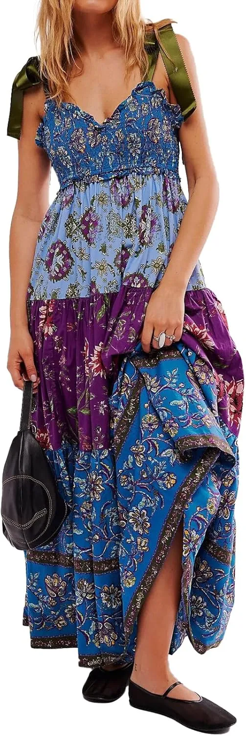 Women Floral Boho Sundress Tie Shoulder Smocked Patchwork Flowy Maxi Dresses with Pockets Summer Fall