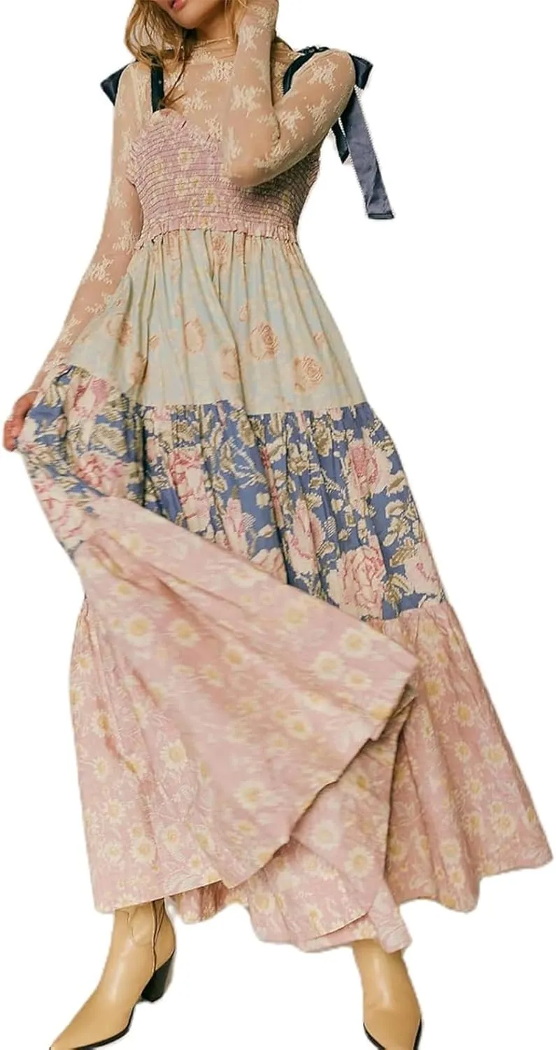 Women Floral Boho Sundress Tie Shoulder Smocked Patchwork Flowy Maxi Dresses with Pockets Summer Fall