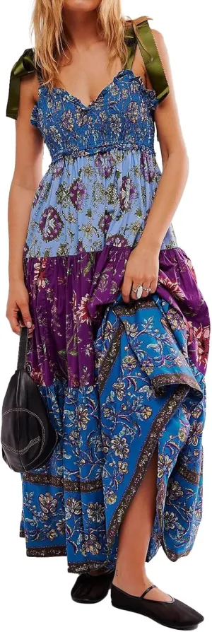 Women Floral Boho Sundress Tie Shoulder Smocked Patchwork Flowy Maxi Dresses with Pockets Summer Fall