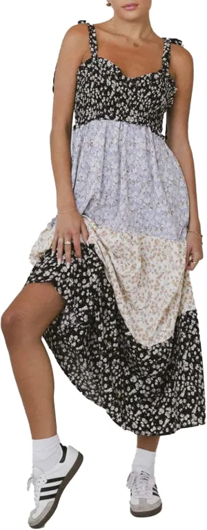 Women Floral Boho Sundress Tie Shoulder Smocked Patchwork Flowy Maxi Dresses with Pockets Summer Fall