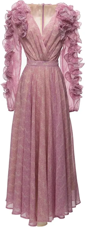Women Floral Summer Big Swing Long Dress Cascading Ruffle Lantern Sleeve A-Line Print Dress