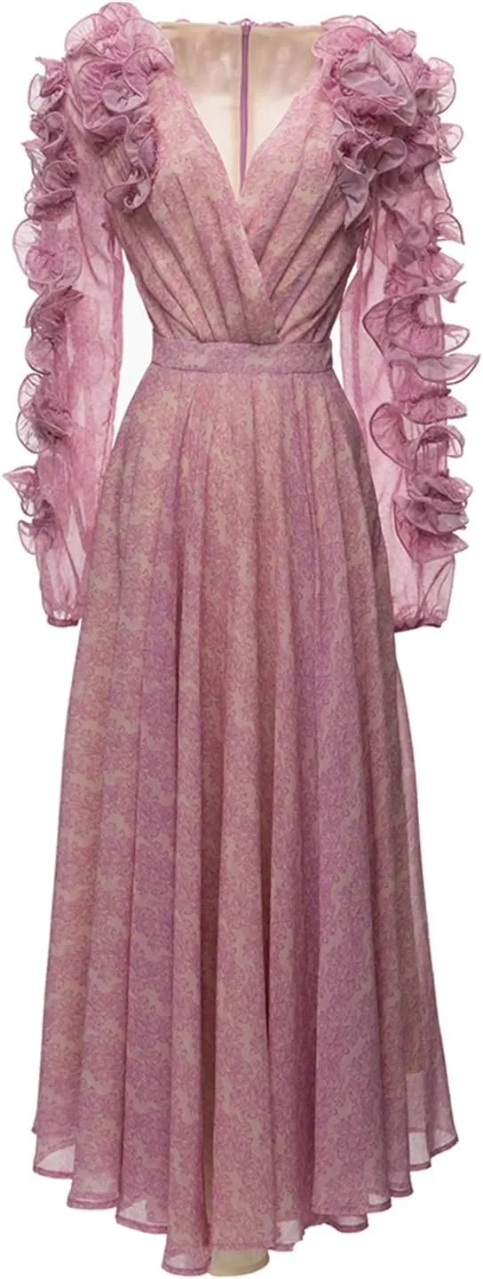 Women Floral Summer Big Swing Long Dress Cascading Ruffle Lantern Sleeve A-Line Print Dress
