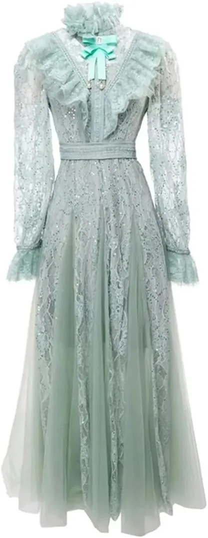 Women Sequins Tulle Dress Summer Boho Dress Bow Tie Mesh Midi Lantern Long Sleeve Dresses