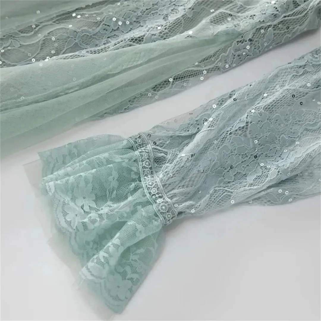 Women Sequins Tulle Dress Summer Boho Dress Bow Tie Mesh Midi Lantern Long Sleeve Dresses