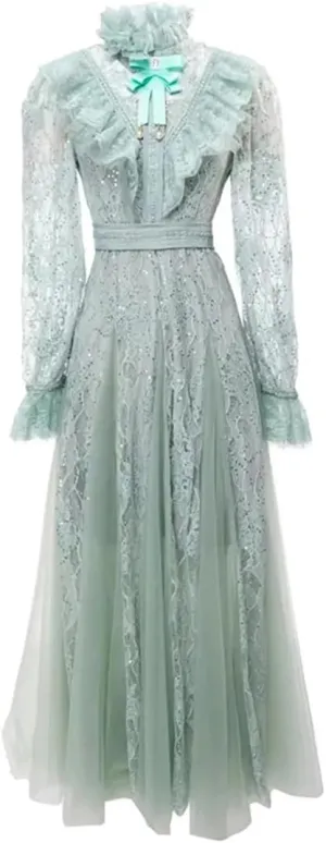 Women Sequins Tulle Dress Summer Boho Dress Bow Tie Mesh Midi Lantern Long Sleeve Dresses