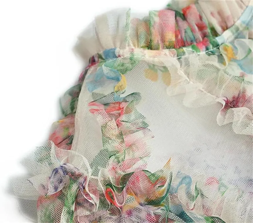 Women Tulle Dress Lantern Sleeve Mesh Print Cascading Ruffle Slim Fit Ball Gown Dresses