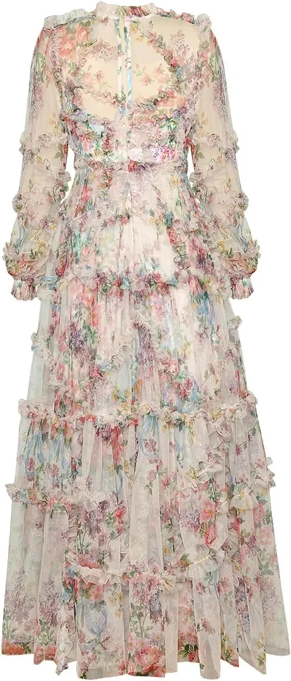 Women Tulle Dress Lantern Sleeve Mesh Print Cascading Ruffle Slim Fit Ball Gown Dresses