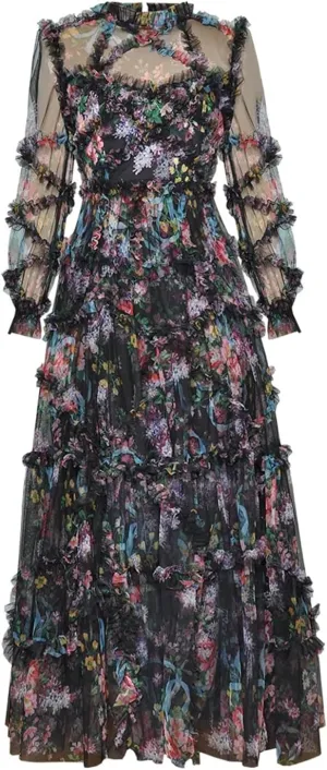 Women Tulle Dress Lantern Sleeve Mesh Print Cascading Ruffle Slim Fit Ball Gown Dresses