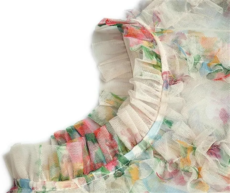 Women Tulle Dress Lantern Sleeve Mesh Print Cascading Ruffle Slim Fit Ball Gown Dresses
