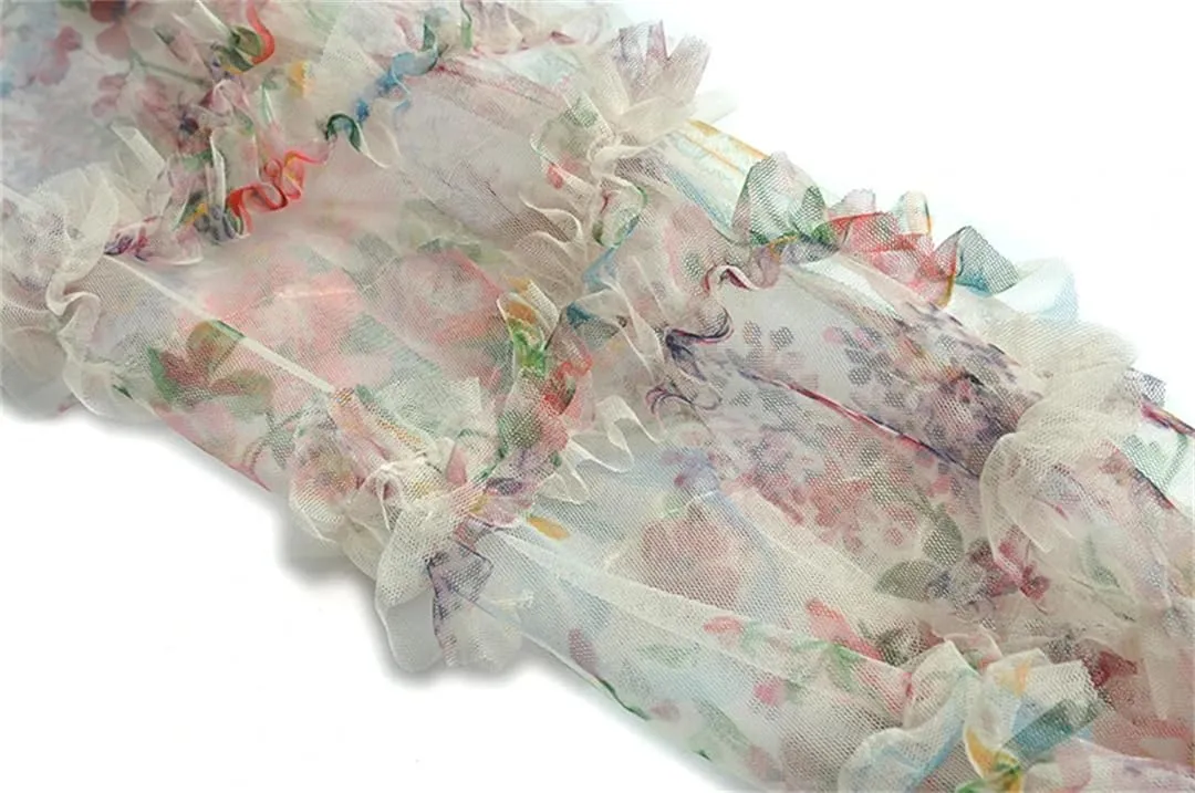 Women Tulle Dress Lantern Sleeve Mesh Print Cascading Ruffle Slim Fit Ball Gown Dresses