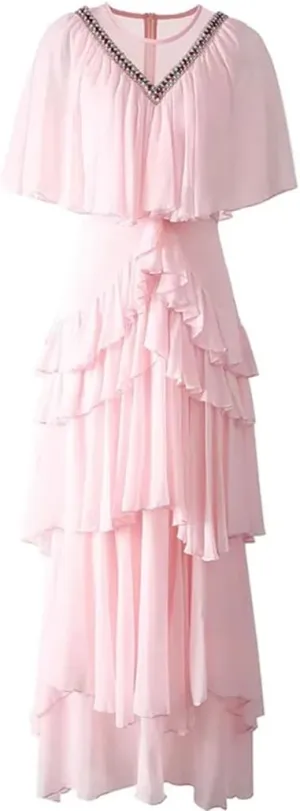 Women Tulle Dress Vintage Solid Cascading Ruffle Pearl Diamond Nail Bead A-Line Dresses