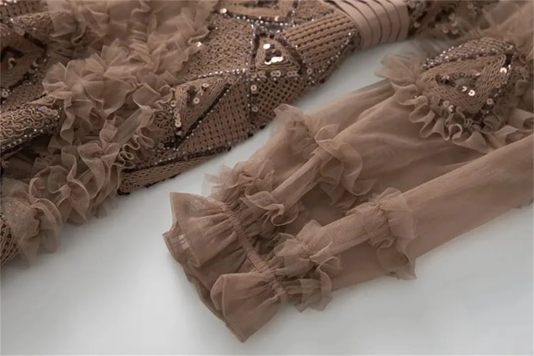 Women Tulle Sequin Cake Evening Dresses Summer Crew Neck Ruffles Long Sleeve A-Line Maxi Dress